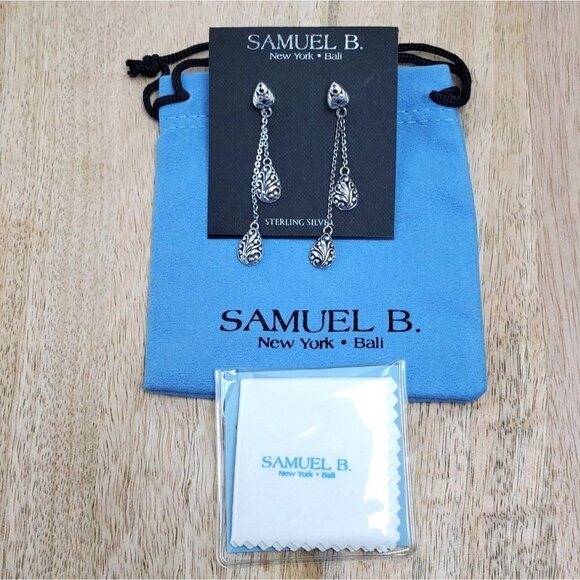Samuel b 925 Sterling Silver Pear Shaped Dangle Drop Post Earrings - Picture 3 of 5